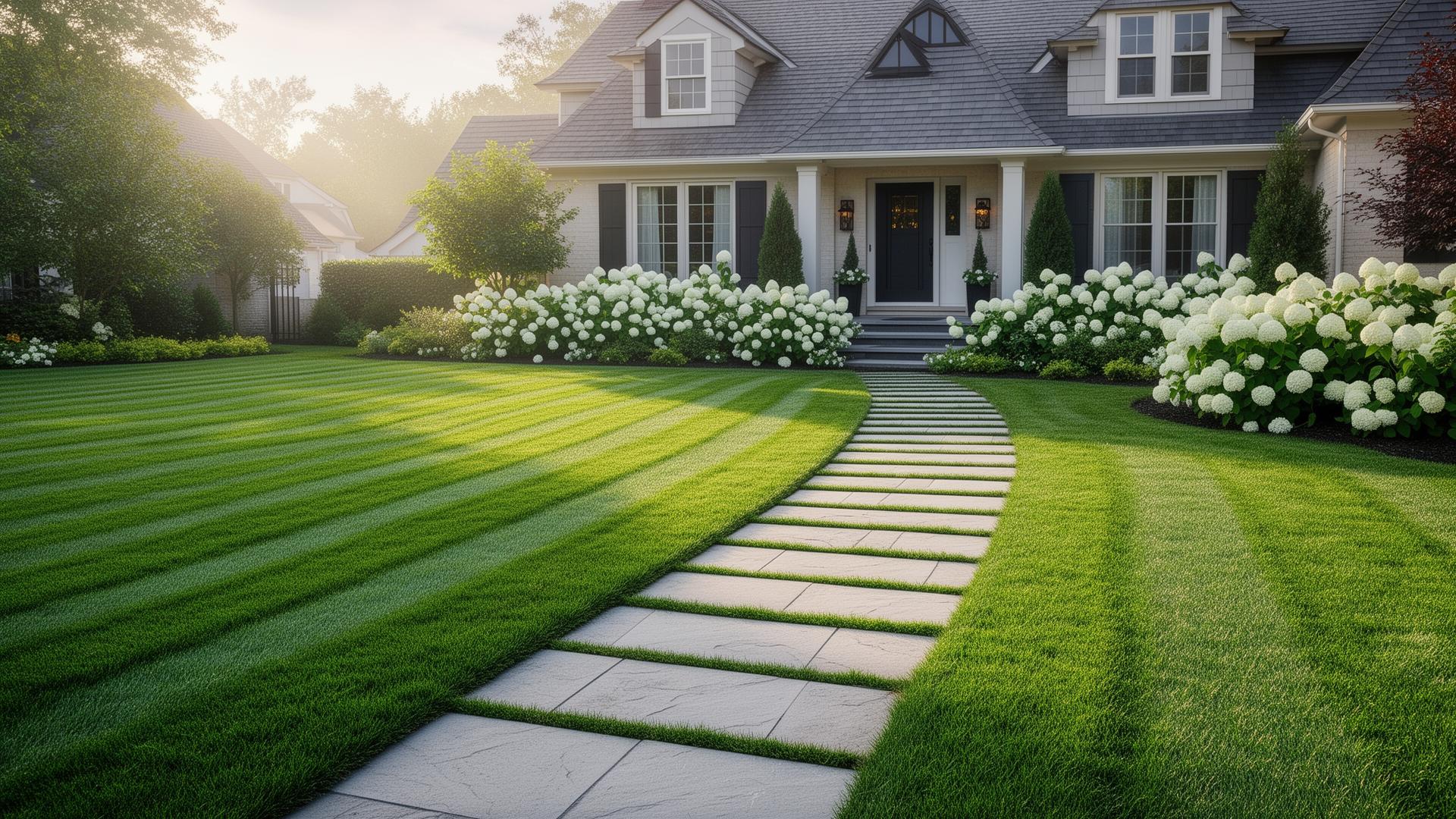 Premium landscaped front lawn with stone walkway